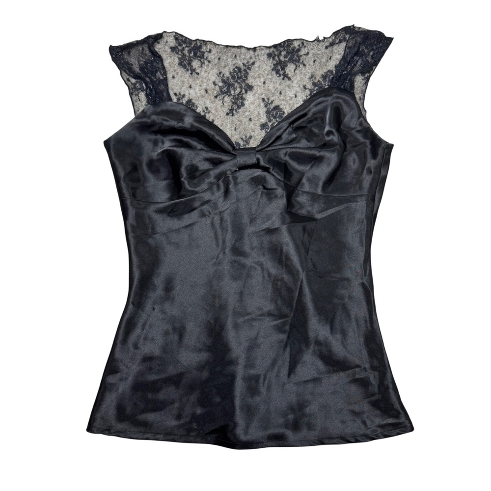 Vintage I.N. San Francisco Black Satin Lace Bow Top 90s Y2K Romantic Goth Size S